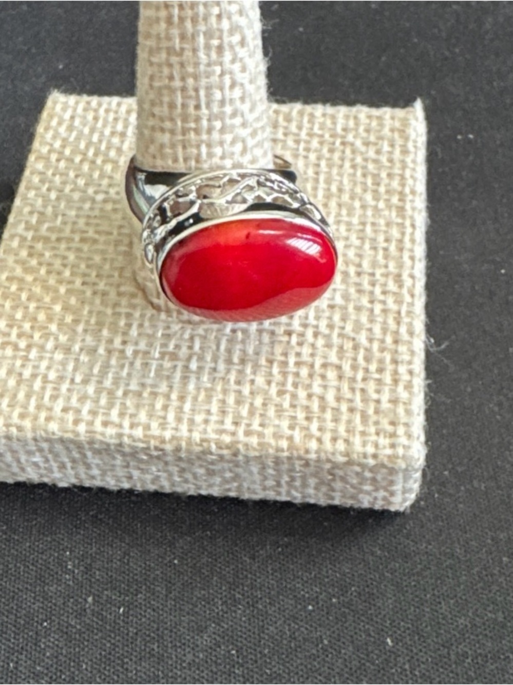 Red Coral Oval Cabochon Stone Ring w/ Sterling Filigree Design Surrounding Stone